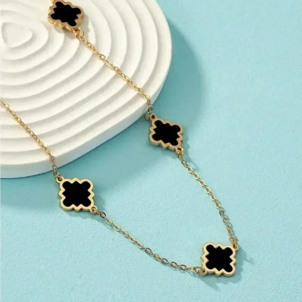 14K Gold Plated & Black four leaf clover/quatrefoil necklace